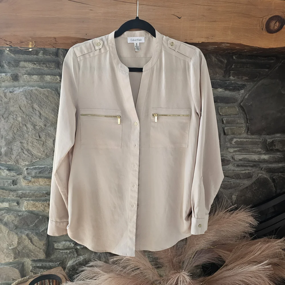 Calvin Klein Women's Beige Blouse with Gold Accents - Picture 1 of 8